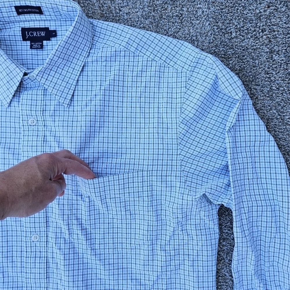 J Crew 80s 2 Ply Cotton LS Button Down Blue White Plaid Shirt Mens Large 16-16.5